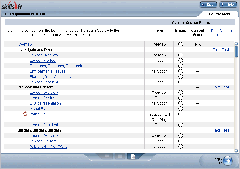 Course Menu dialog